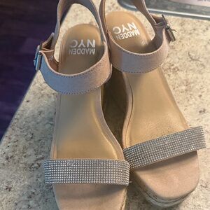 Steve Madden Beige Wedge Sandals with Rhinestone Accents